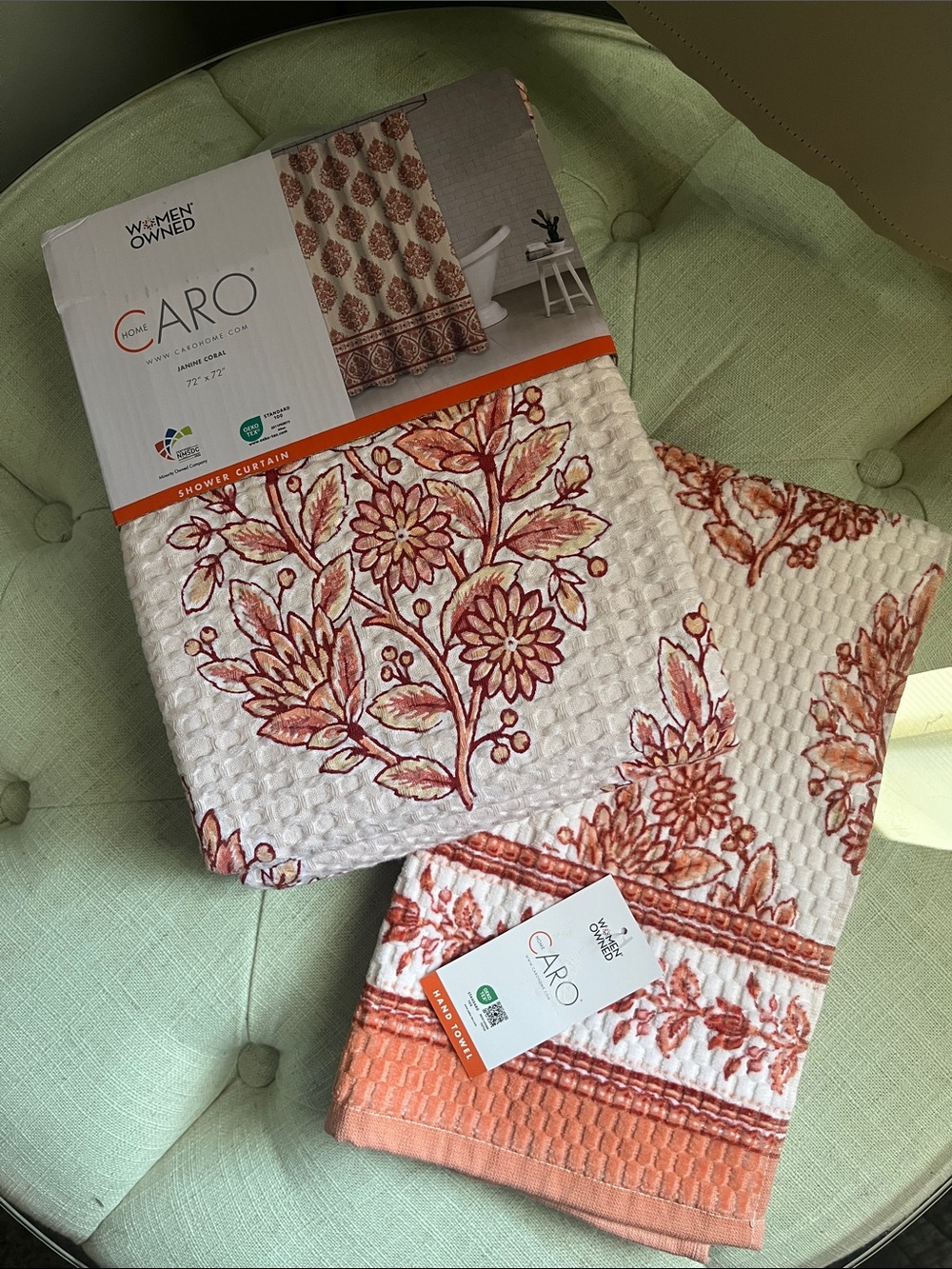 Caro Home Jasmine Coral Floral Waffle Weave Set in 100% Cotton Women Owned NWT